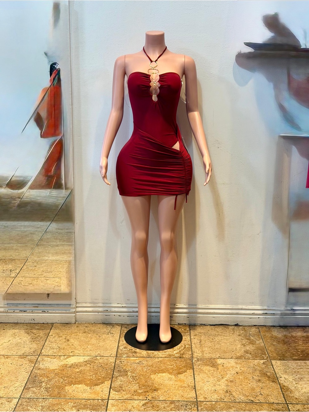 Strapless Ruched Mini Dress in Burgundy